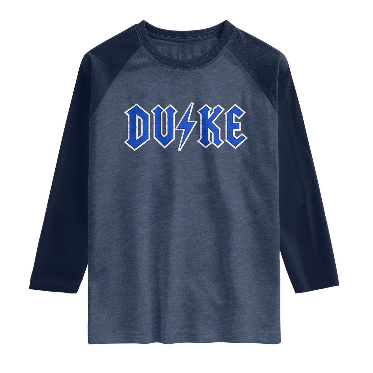 Vintage Duke Last Name Sports Style Raglan Shirt Vintage Lightning Bold Gothic Font Graphic Basketball Fans TS10 Heather Denim Navy Print Your Wear