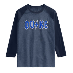Vintage Duke Last Name Sports Style Raglan Shirt Vintage Lightning Bold Gothic Font Graphic Basketball Fans TS10 Heather Denim Navy Print Your Wear
