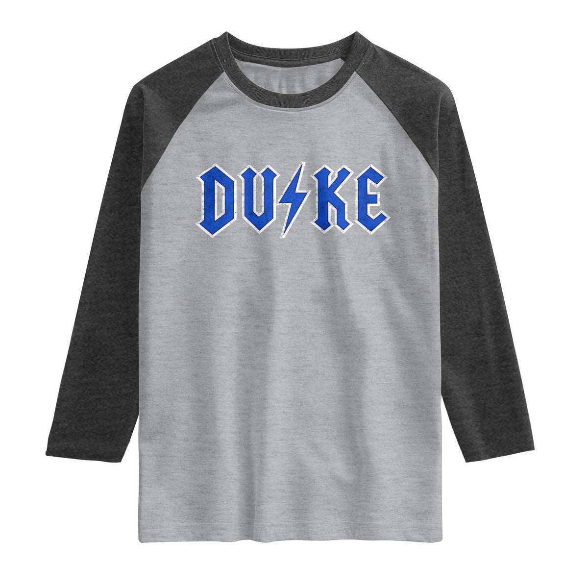 Vintage Duke Last Name Sports Style Raglan Shirt Vintage Lightning Bold Gothic Font Graphic Basketball Fans TS10 Heather Gray Heather Charcoal Print Your Wear
