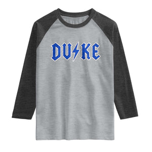 Vintage Duke Last Name Sports Style Raglan Shirt Vintage Lightning Bold Gothic Font Graphic Basketball Fans TS10 Heather Gray Heather Charcoal Print Your Wear