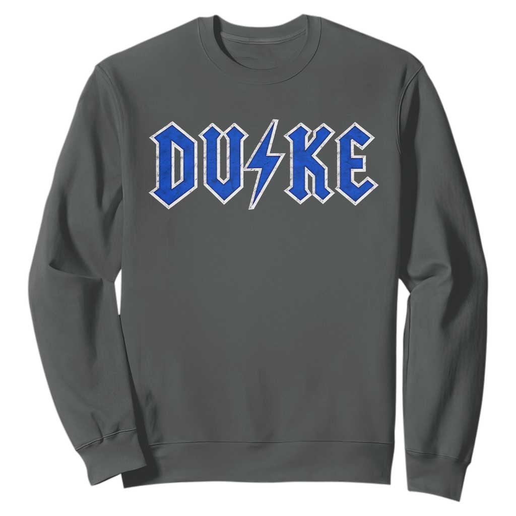 Vintage Duke Last Name Sports Style Sweatshirt Vintage Lightning Bold Gothic Font Graphic Basketball Fans TS10 Dark Heather Print Your Wear