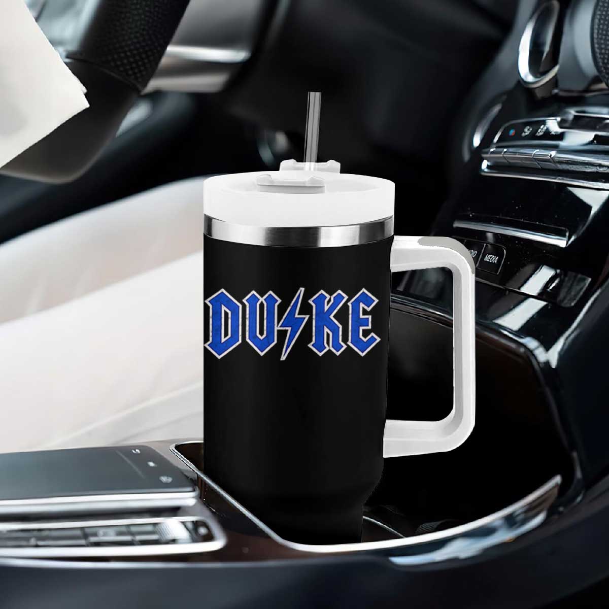 Vintage Duke Last Name Sports Style Tumbler With Handle Vintage Lightning Bold Gothic Font Graphic Basketball Fans TS10 Print Your Wear