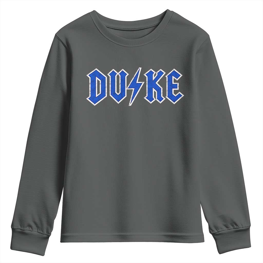 Vintage Duke Last Name Sports Style Youth Sweatshirt Vintage Lightning Bold Gothic Font Graphic Basketball Fans TS10 Dark Heather Print Your Wear