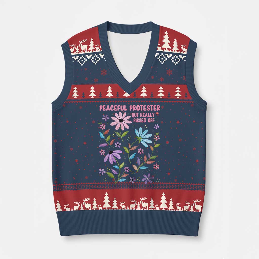 Feminist Protest V-Neck Knit Sweater Vest Peaceful But Pissed Off Floral Resist TS10 Navy Red Print Your Wear
