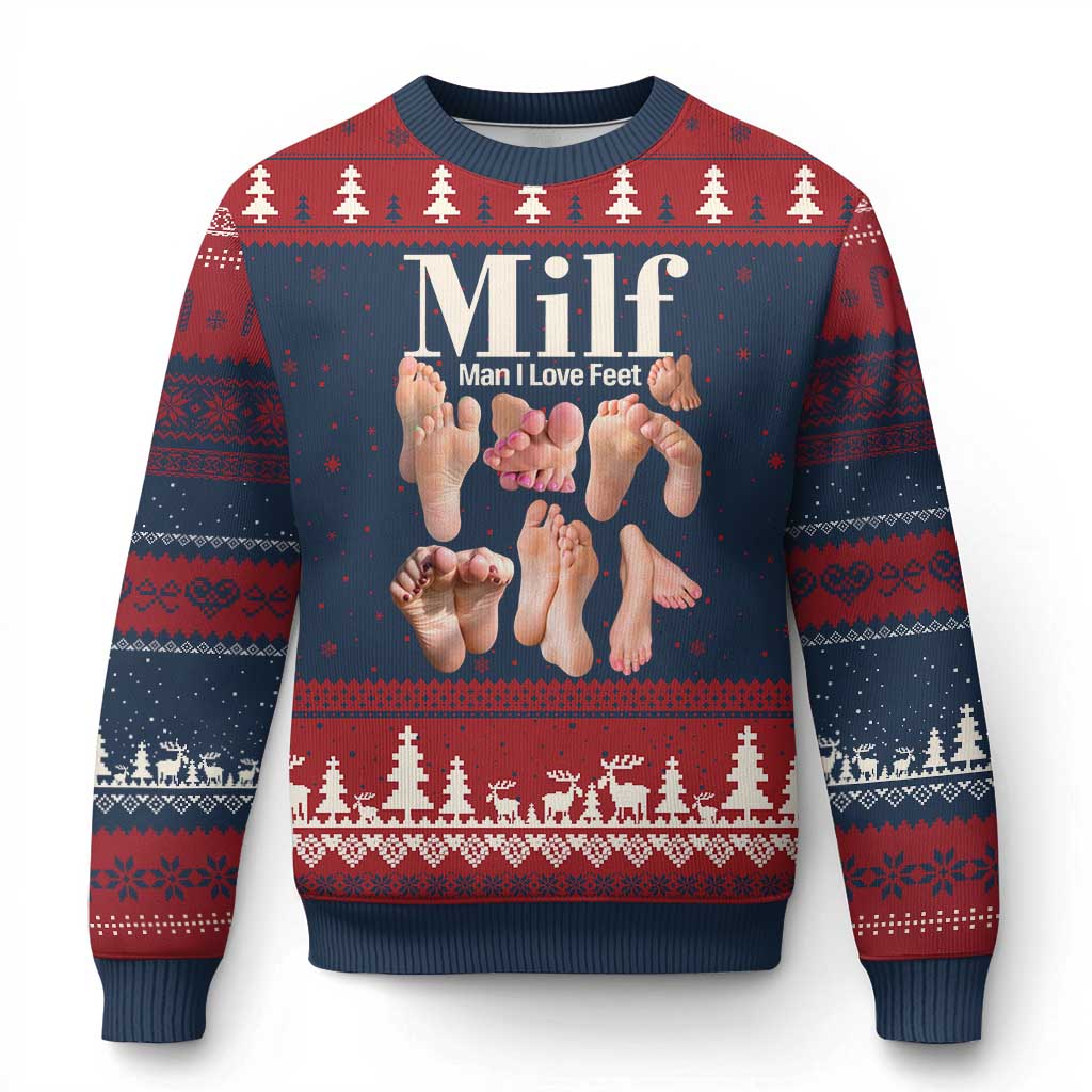 MILF Man I Love Feet Ugly Christmas Sweater Funny Sexy Inappropriate Saying Quote TS10 Navy Red Print Your Wear