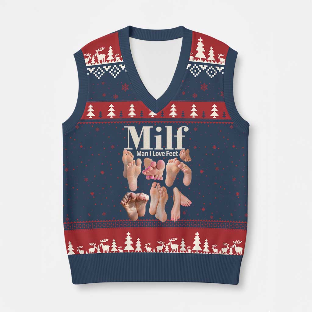 MILF Man I Love Feet V-Neck Knit Sweater Vest Funny Sexy Inappropriate Saying Quote TS10 Navy Red Print Your Wear