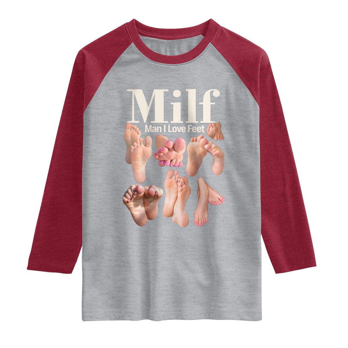 MILF Man I Love Feet Raglan Shirt Funny Sexy Inappropriate Saying Quote TS10 Heather Gray Heather Red Print Your Wear