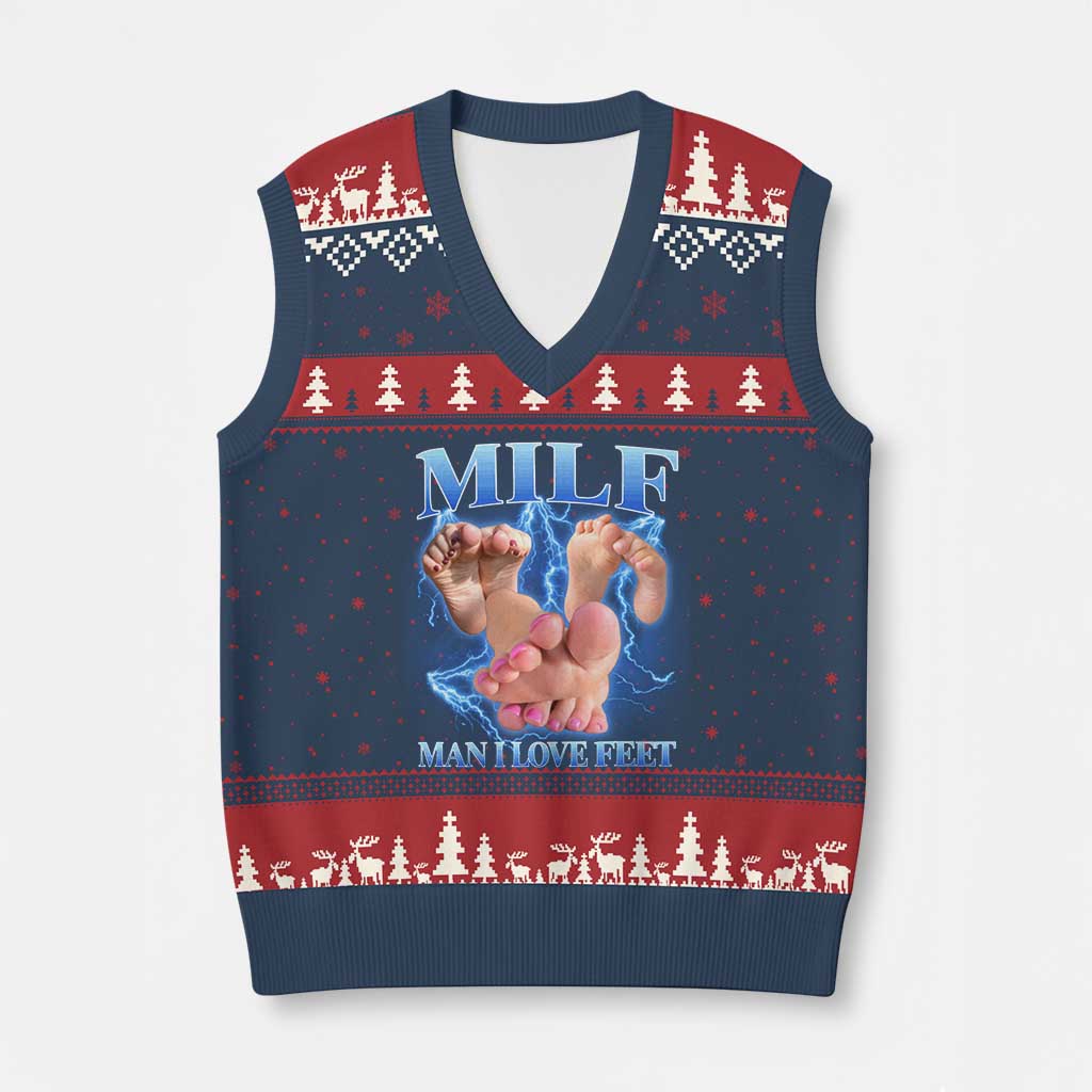 Inappropriate Adult V-Neck Knit Sweater Vest Vintage Bootleg MILF Man I Love Feet TS10 Navy Red Print Your Wear