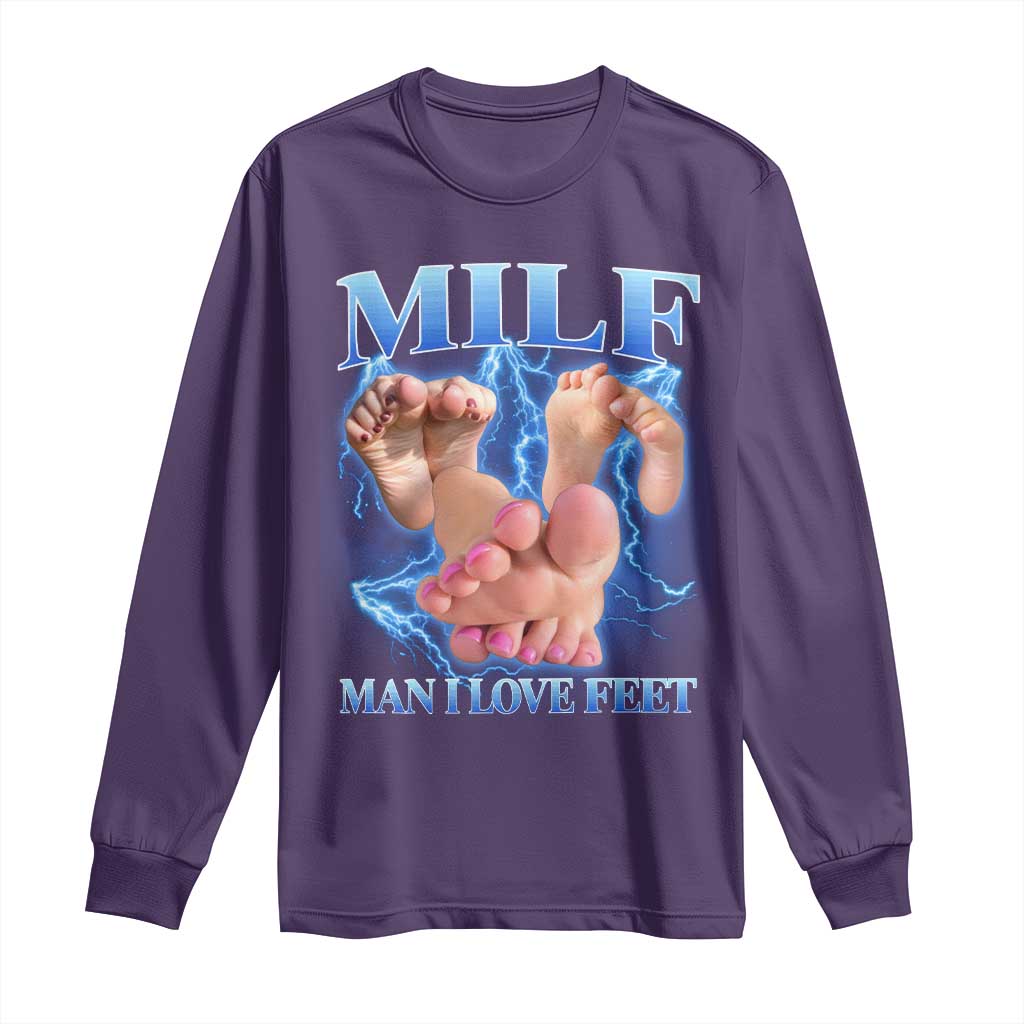 Inappropriate Adult Long Sleeve Shirt Vintage Bootleg MILF Man I Love Feet TS10 Purple Print Your Wear