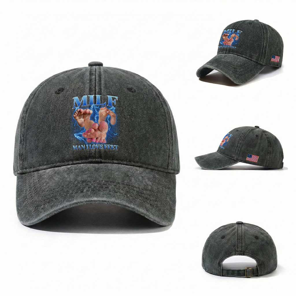 Inappropriate Adult Washed Cotton Baseball Cap Vintage Bootleg MILF Man I Love Feet TS10 Washed Cap Universal Fit Dark Green Print Your Wear
