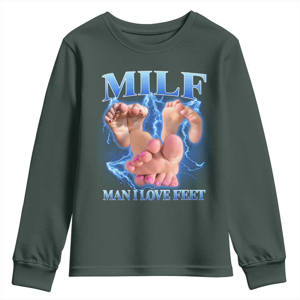 Inappropriate Adult Youth Sweatshirt Vintage Bootleg MILF Man I Love Feet TS10 Dark Forest Green Print Your Wear