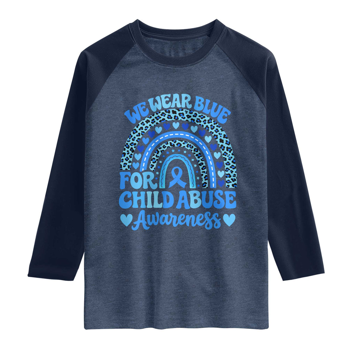 We Wear Blue Child Abuse Prevention Raglan Shirt TS10 Heather Denim Navy Print Your Wear