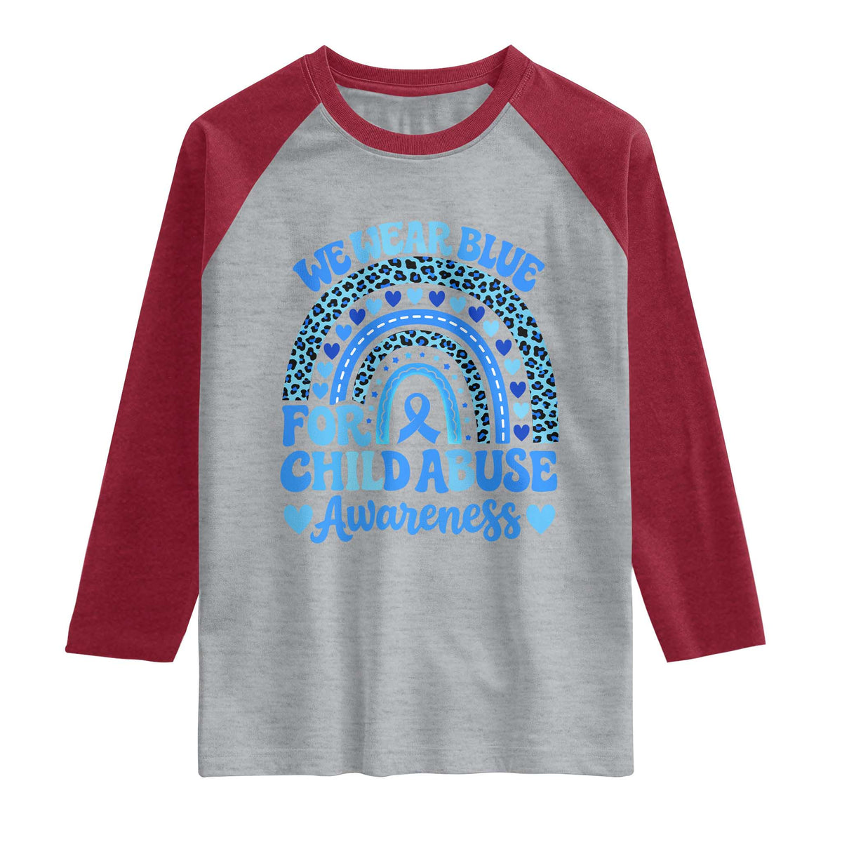 We Wear Blue Child Abuse Prevention Raglan Shirt TS10 Heather Gray Heather Red Print Your Wear