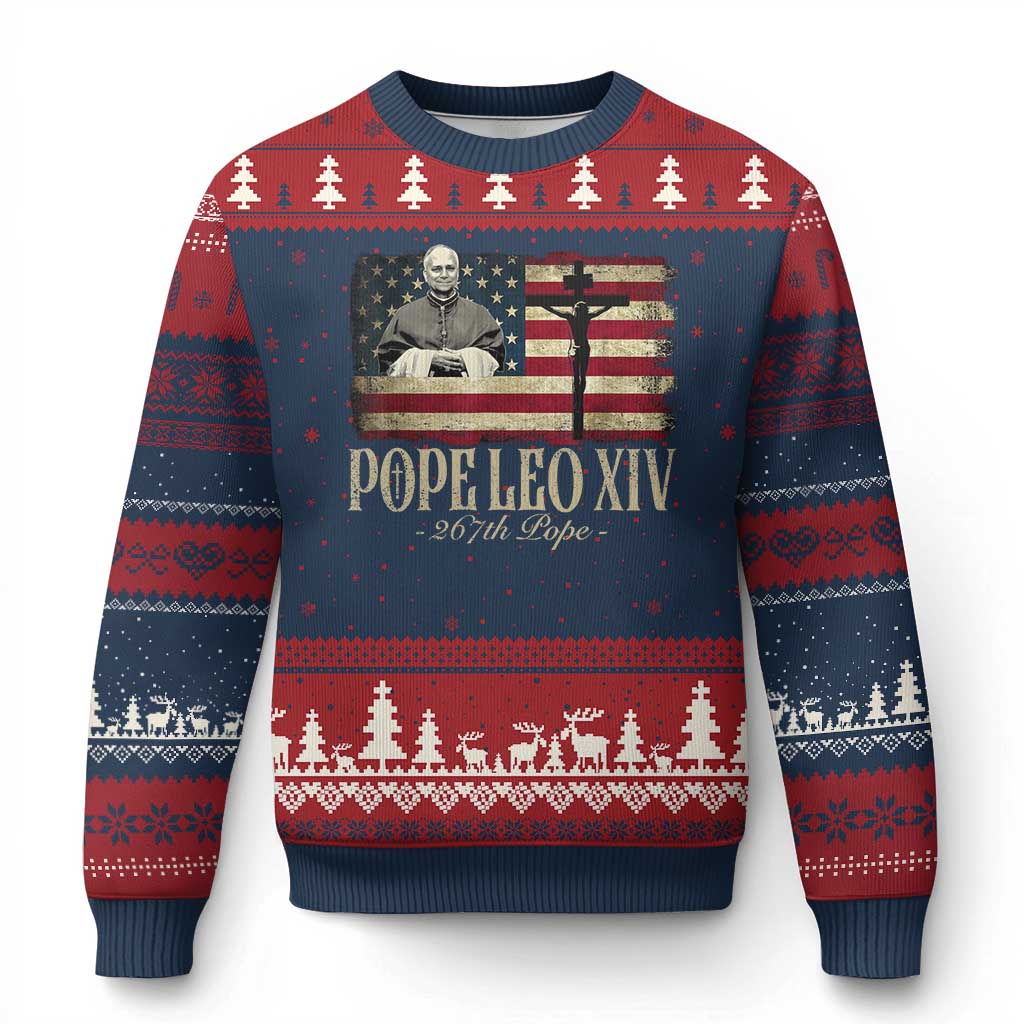 Da Pope Leo XIV Ugly Christmas Sweater From America Chicago USA Flag Cross TS10 Navy Red Print Your Wear