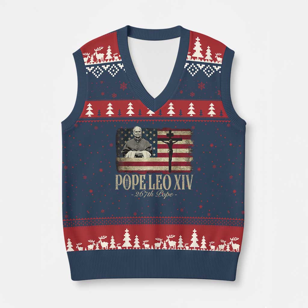 Da Pope Leo XIV V-Neck Knit Sweater Vest From America Chicago USA Flag Cross TS10 Navy Red Print Your Wear