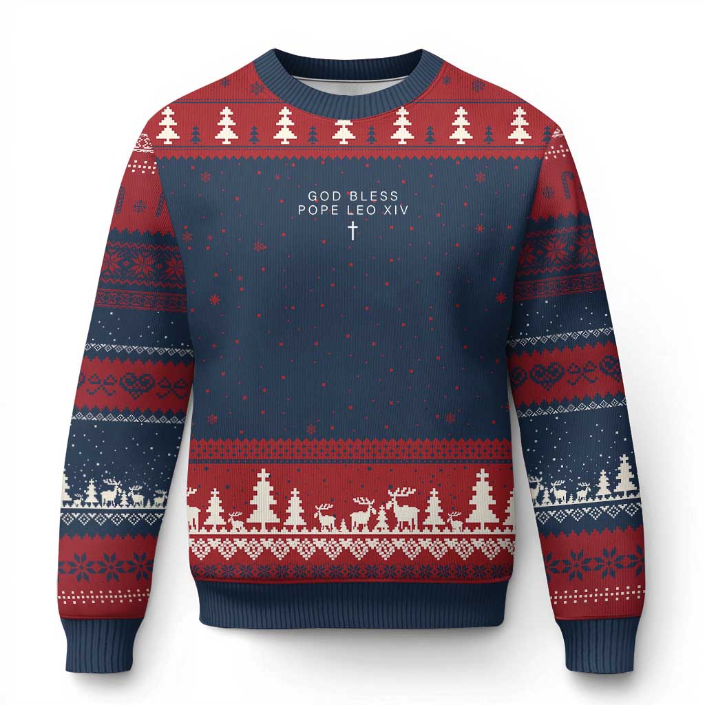 God Bless Pope Leo XIV Ugly Christmas Sweater Cross Subtle Minimal Religious Faith TS10 Navy Red Print Your Wear