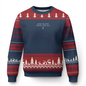 God Bless Pope Leo XIV Ugly Christmas Sweater Cross Subtle Minimal Religious Faith TS10 Navy Red Print Your Wear