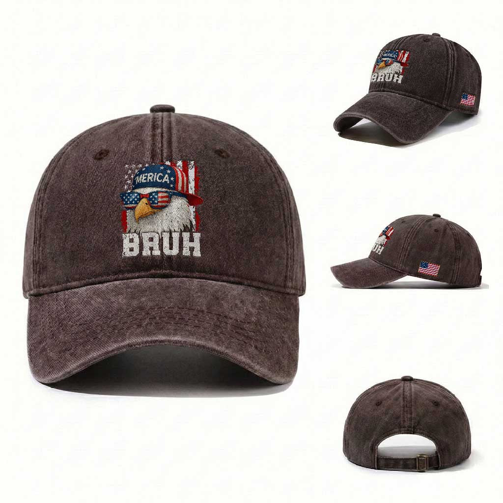 Bruh 'Merica Bald Eagle 4th of July Washed Cotton Baseball Cap Patriotic USA Flag TS10 Washed Cap Universal Fit Dark Brown Print Your Wear