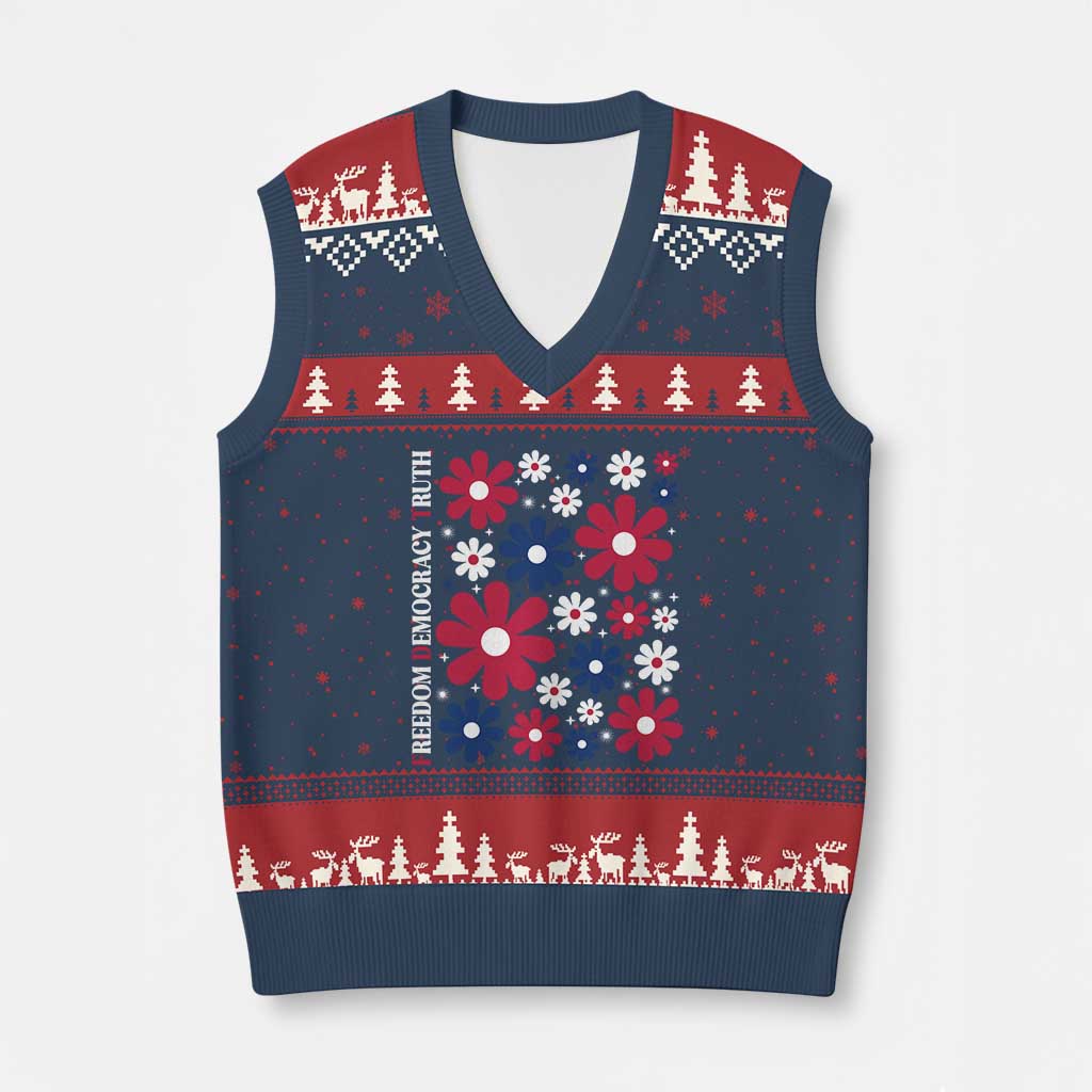 Subtle FDT V-Neck Knit Sweater Vest Boho Floral Red White Blue Social Justice - Print Your Wear