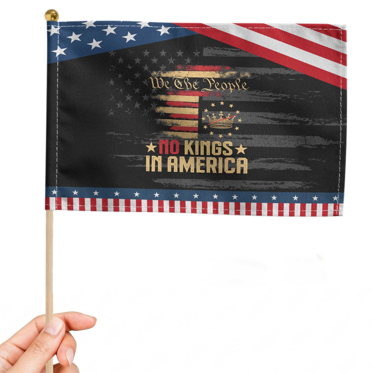No Kings in America Patriotic Handheld Flag Vintage Old American Flag 1776 We The People TS10 Distressed 8.2