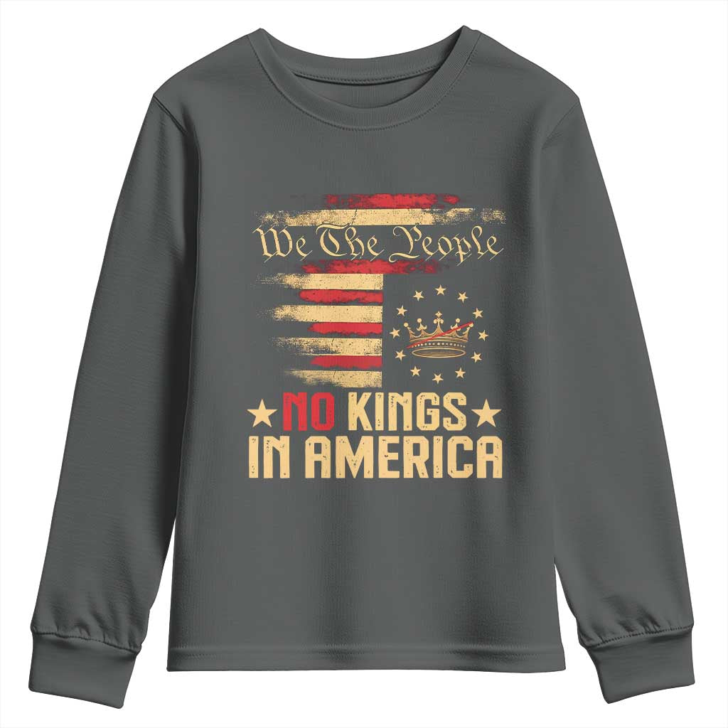 No Kings in America Youth Sweatshirt Vintage Old American Flag Patriotic 1776 We The People TS10 Dark Heather Print Your Wear