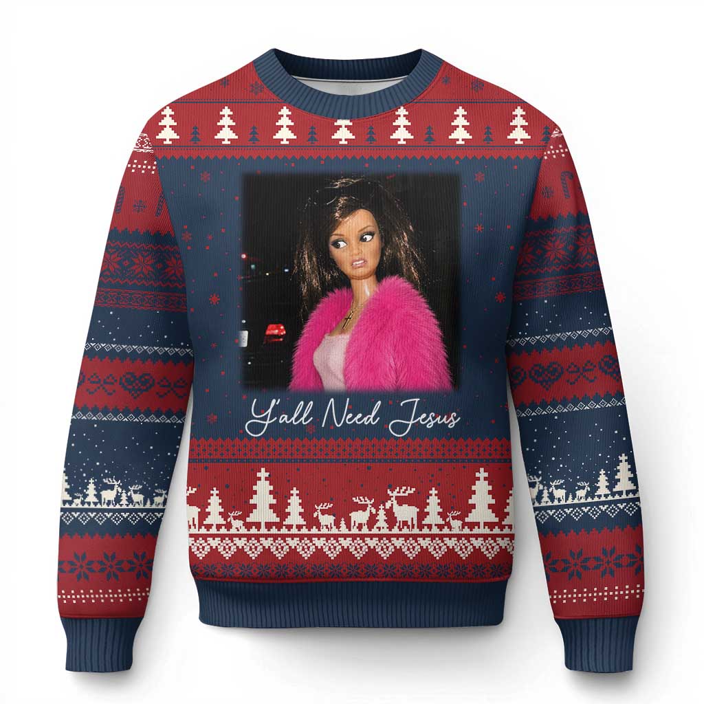 Y'all Need Jesus Funny Girls Meme Saying Christian Humor Ugly Christmas Sweater TS10 Navy Red Print Your Wear