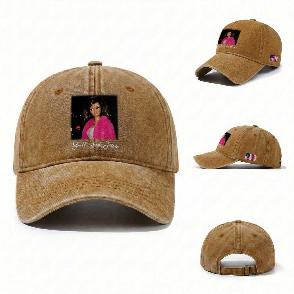 Y'all Need Jesus Funny Girls Meme Saying Christian Humor Washed Cotton Baseball Cap TS10 Washed Cap Universal Fit Yellow Ochre Print Your Wear
