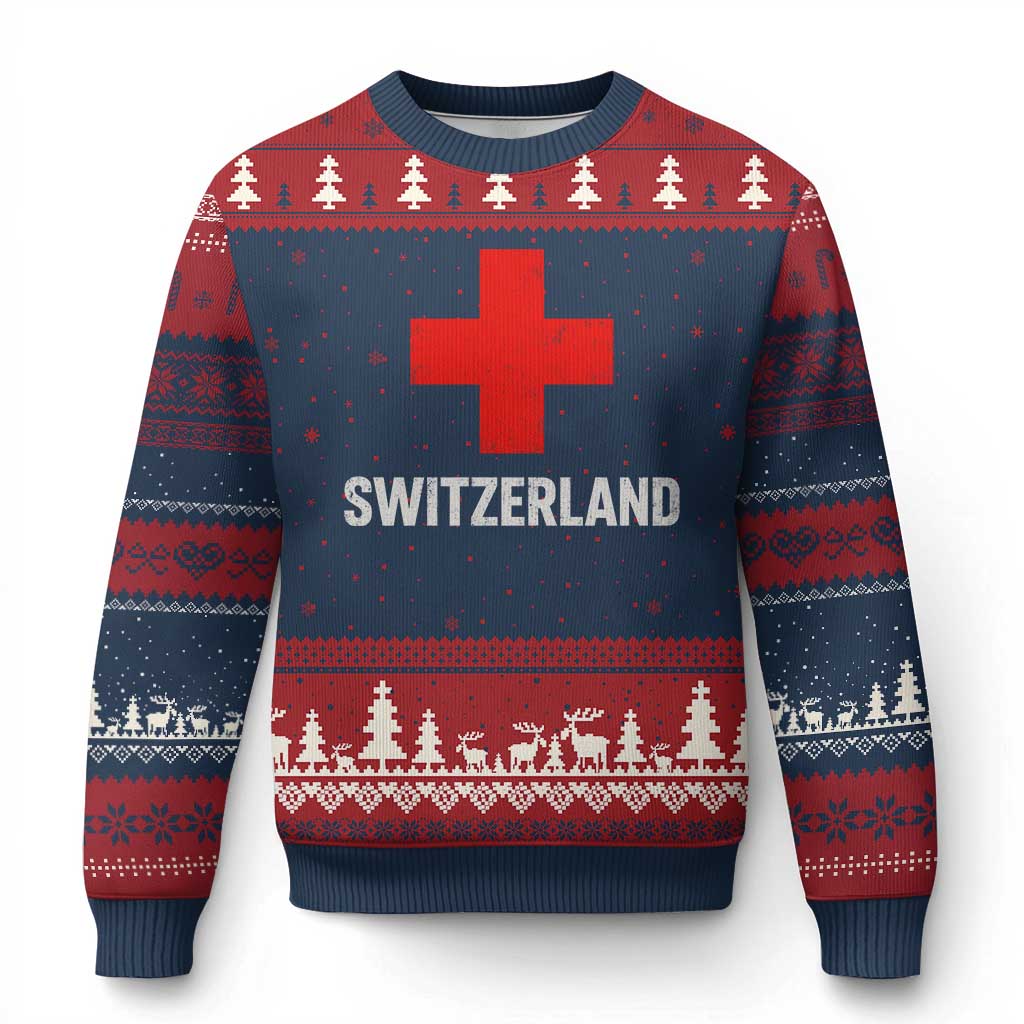 Vintage Retro Switzerland Fan Ugly Christmas Sweater Swiss Cross Flag TS10 Navy Red Print Your Wear