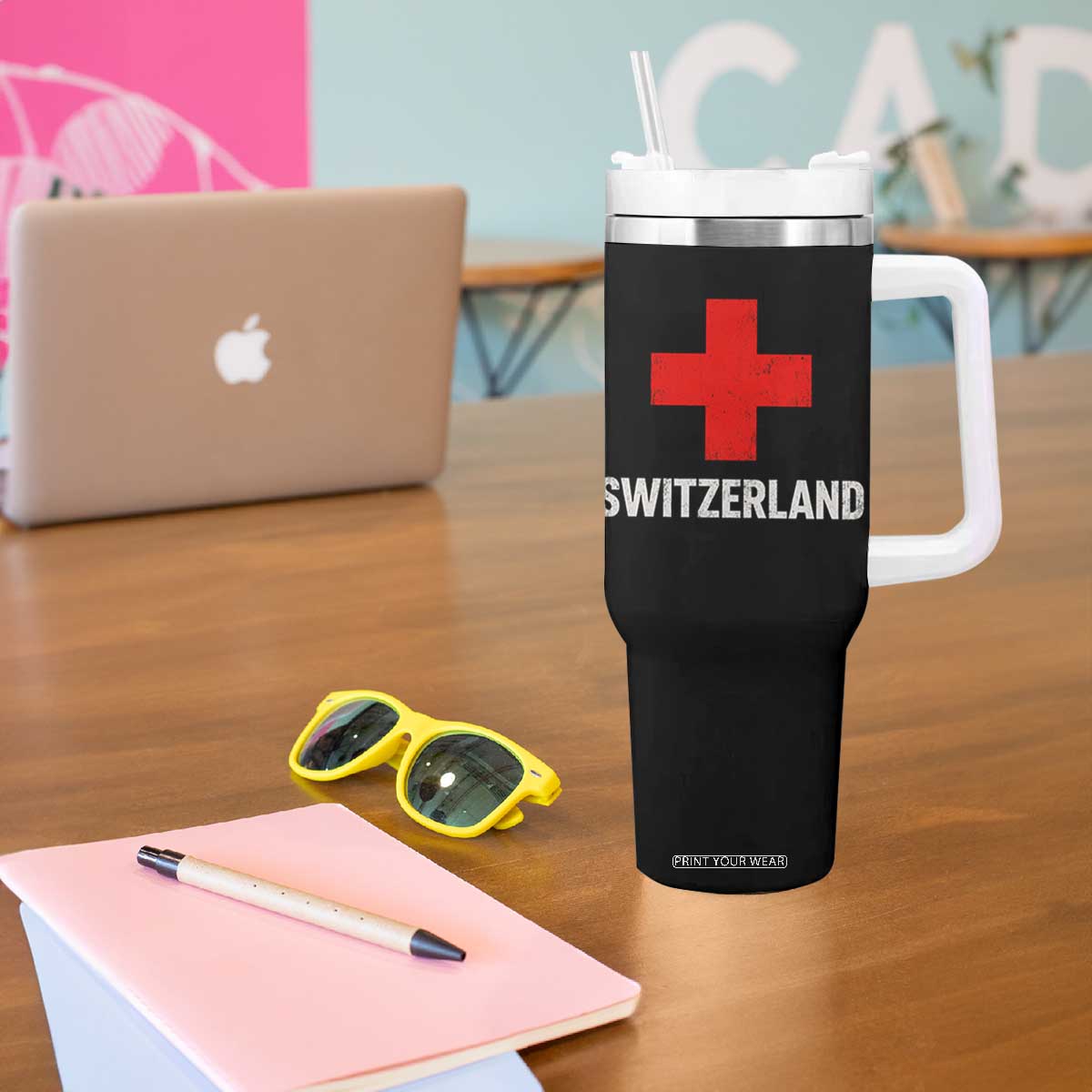 Vintage Retro Switzerland Fan Tumbler With Handle Swiss Cross Flag TS10 Print Your Wear