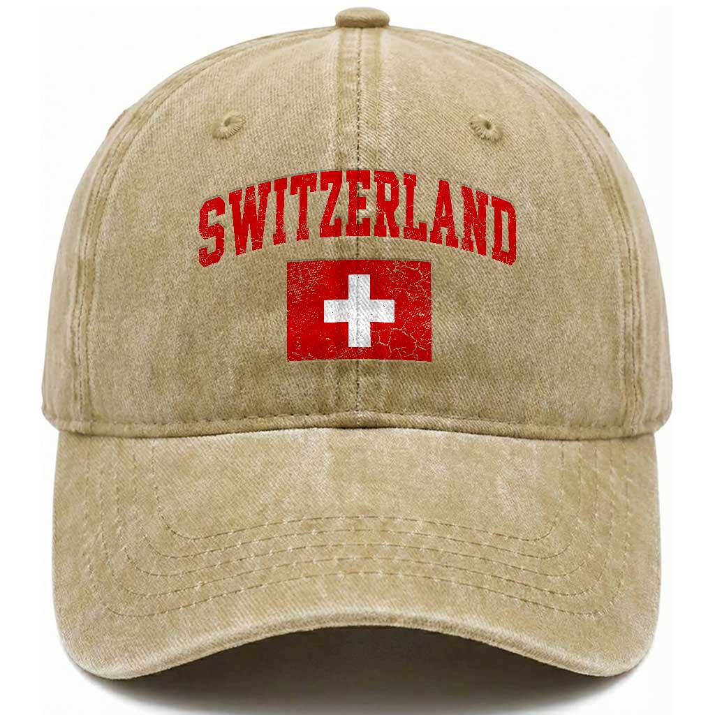 Switzerland Fan Washed Cotton Baseball Cap Vintage Retro Swiss Cross Flag TS10 Print Your Wear