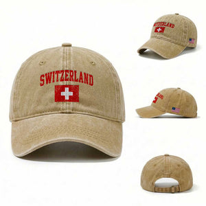Switzerland Fan Washed Cotton Baseball Cap Vintage Retro Swiss Cross Flag