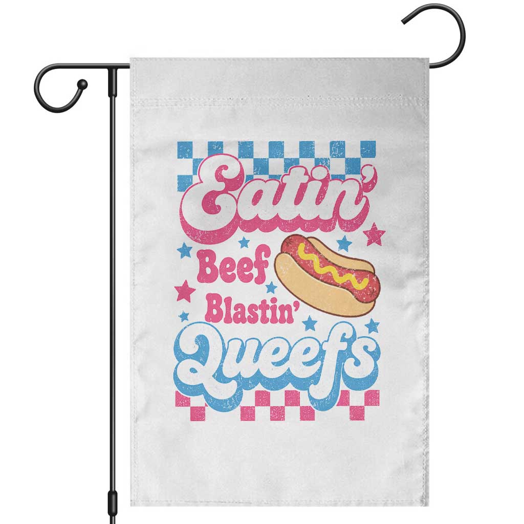 Hotdog Eatin Beef Blastin Queefs Inappropriate Garden Flag Retro Groovy Hotdog Meme Funny Cringe Offensive Humor TS10 White Print Your Wear