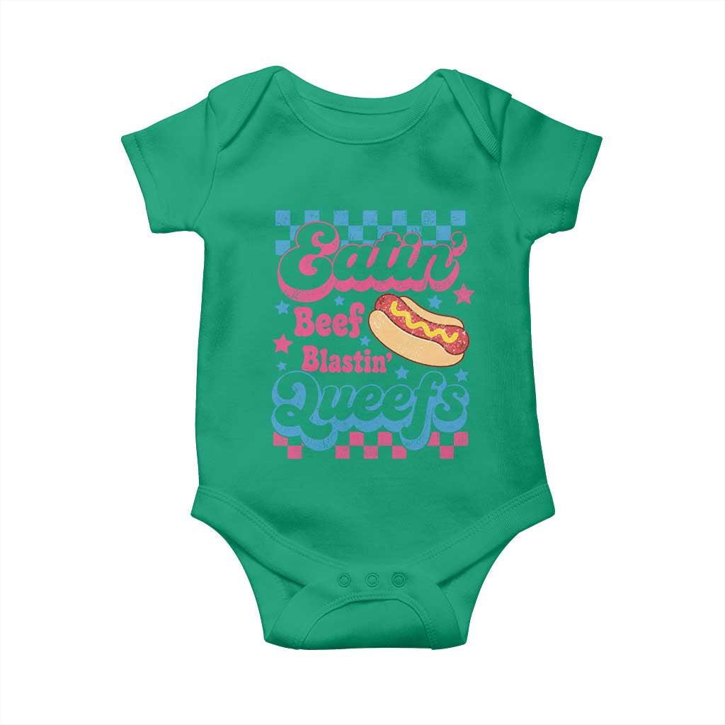 Hotdog Eatin Beef Blastin Queefs Inappropriate Baby Onesie Retro Groovy Hotdog Meme Funny Cringe Offensive Humor