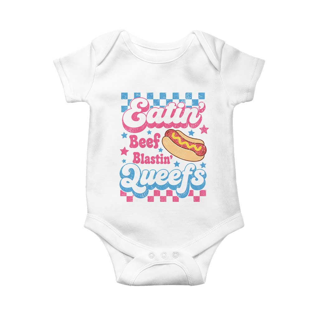 Hotdog Eatin Beef Blastin Queefs Inappropriate Baby Onesie Retro Groovy Hotdog Meme Funny Cringe Offensive Humor TS10 White Print Your Wear