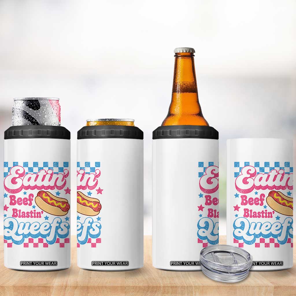 Hotdog Eatin Beef Blastin Queefs Inappropriate 4 in 1 Can Cooler Tumbler Retro Groovy Hotdog Meme Funny Cringe Offensive Humor
