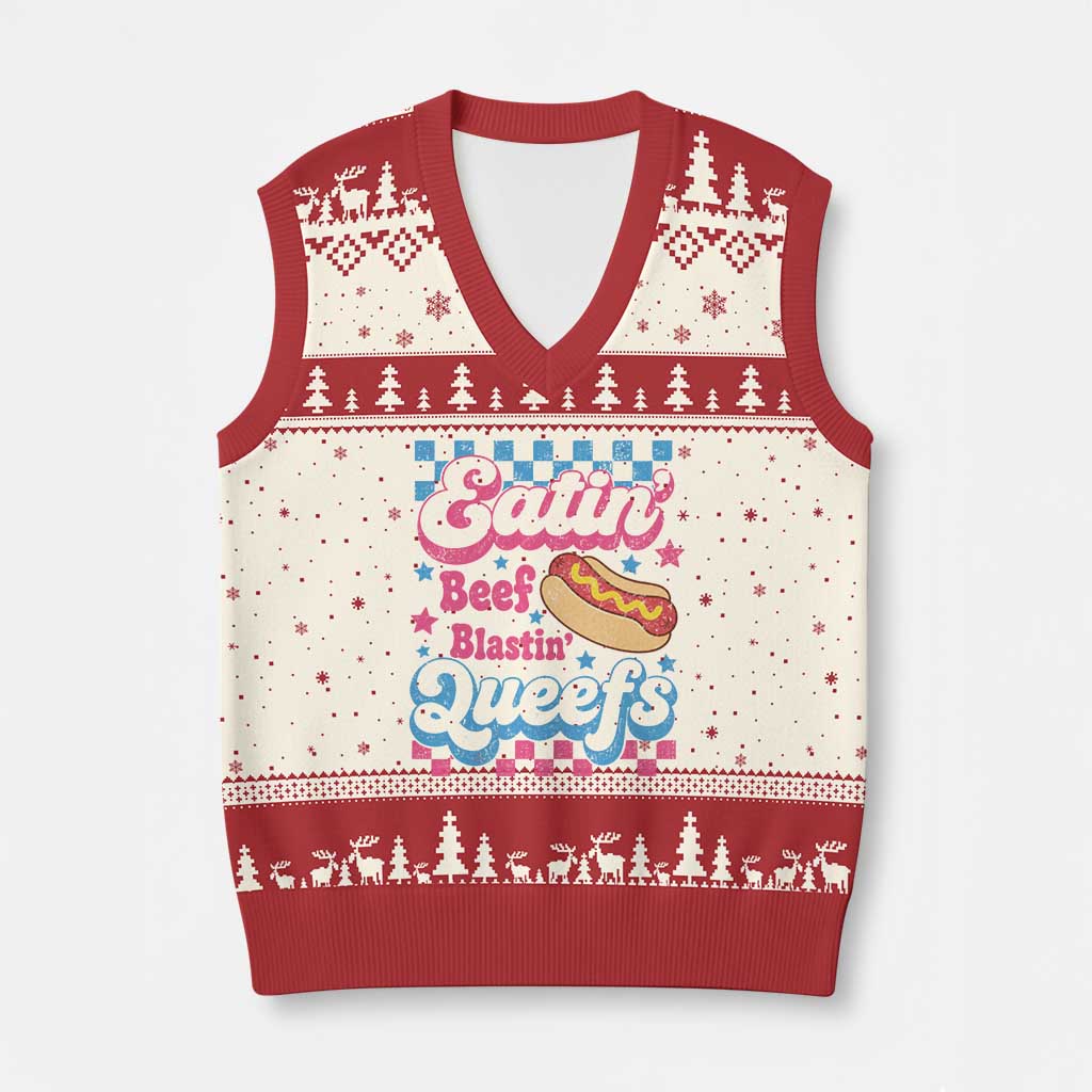 Hotdog Eatin Beef Blastin Queefs Inappropriate V-Neck Knit Sweater Vest Retro Groovy Hotdog Meme Funny Cringe Offensive Humor TS10 Beige Red Print Your Wear