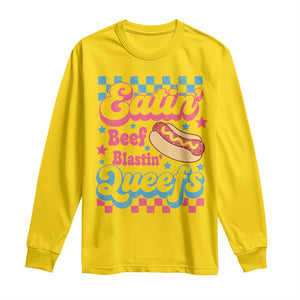 Hotdog Eatin Beef Blastin Queefs Inappropriate Long Sleeve Shirt Retro Groovy Hotdog Meme Funny Cringe Offensive Humor