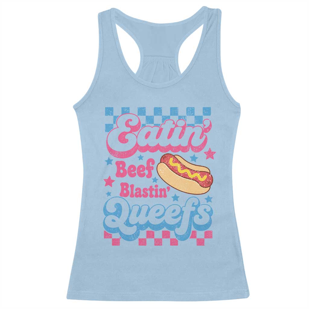 Hotdog Eatin Beef Blastin Queefs Inappropriate Racerback Tank Top Retro Groovy Hotdog Meme Funny Cringe Offensive Humor