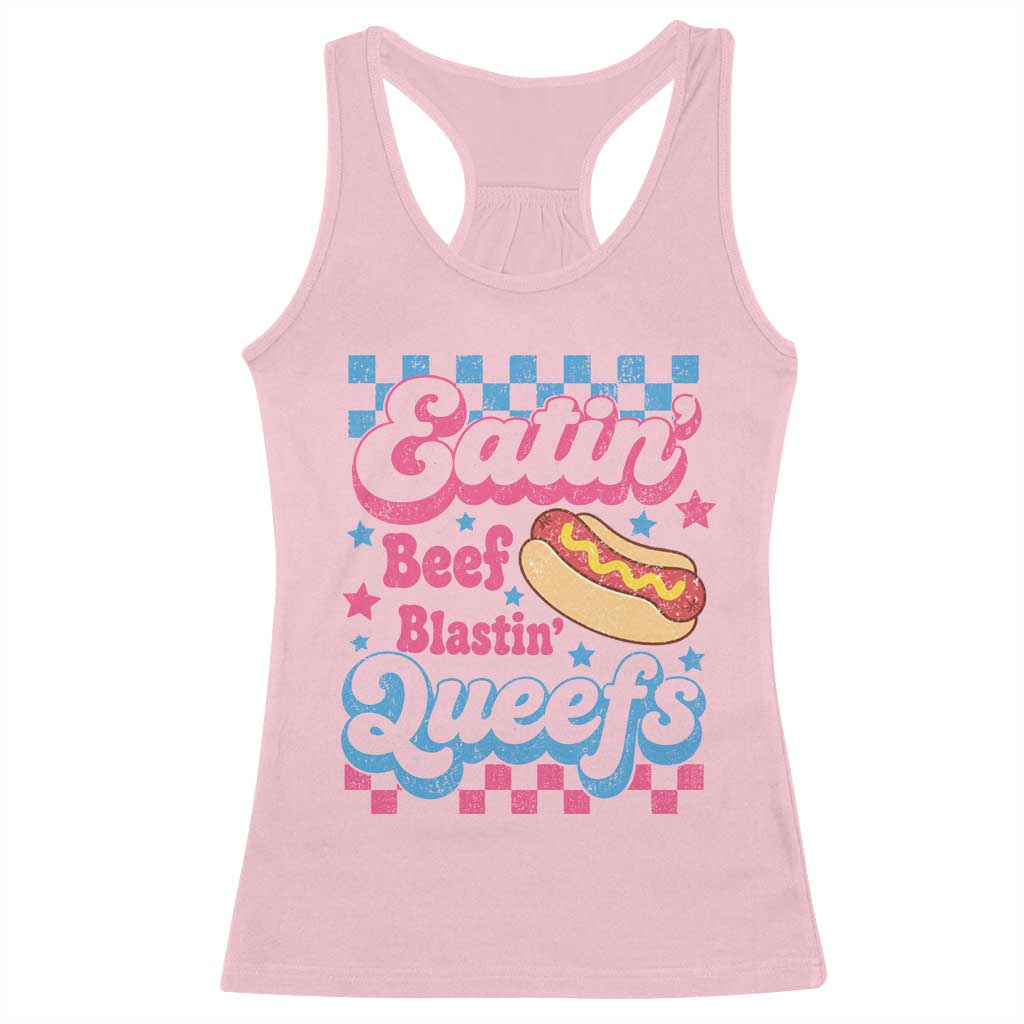 Hotdog Eatin Beef Blastin Queefs Inappropriate Racerback Tank Top Retro Groovy Hotdog Meme Funny Cringe Offensive Humor
