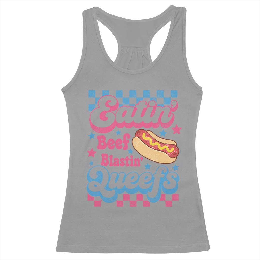Hotdog Eatin Beef Blastin Queefs Inappropriate Racerback Tank Top Retro Groovy Hotdog Meme Funny Cringe Offensive Humor
