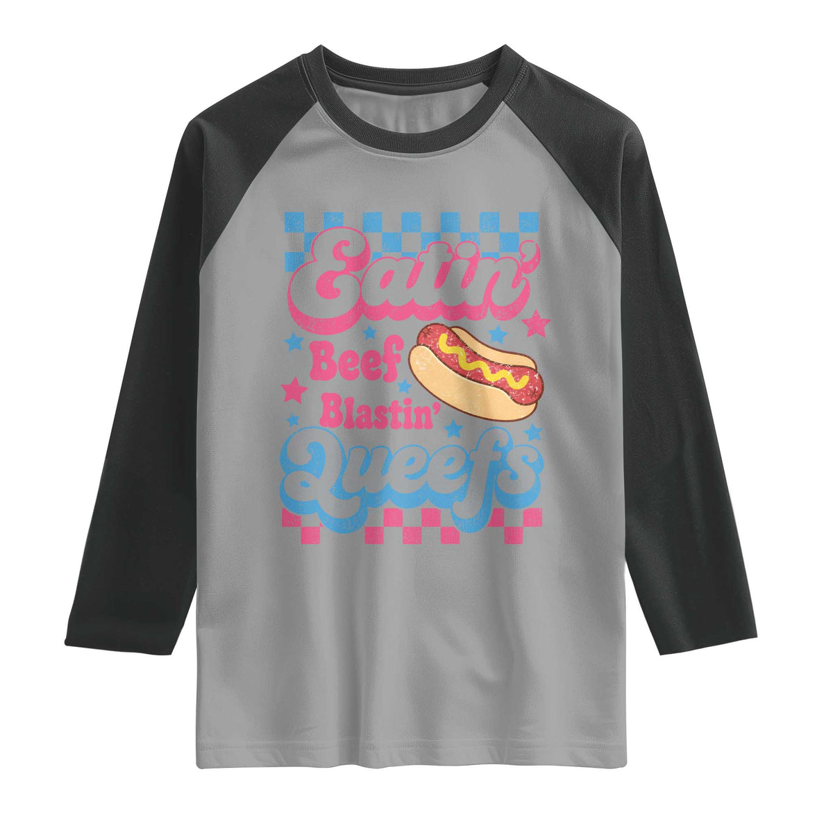 Hotdog Eatin Beef Blastin Queefs Inappropriate Raglan Shirt Retro Groovy Hotdog Meme Funny Cringe Offensive Humor