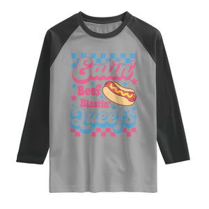 Hotdog Eatin Beef Blastin Queefs Inappropriate Raglan Shirt Retro Groovy Hotdog Meme Funny Cringe Offensive Humor