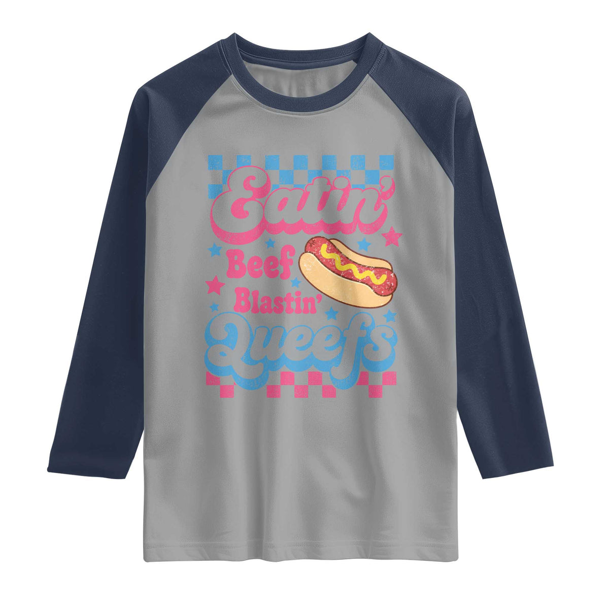 Hotdog Eatin Beef Blastin Queefs Inappropriate Raglan Shirt Retro Groovy Hotdog Meme Funny Cringe Offensive Humor
