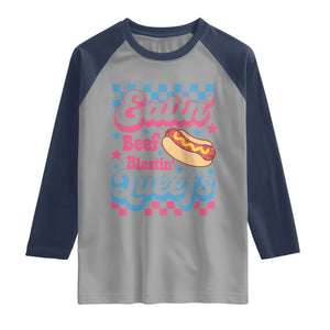 Hotdog Eatin Beef Blastin Queefs Inappropriate Raglan Shirt Retro Groovy Hotdog Meme Funny Cringe Offensive Humor