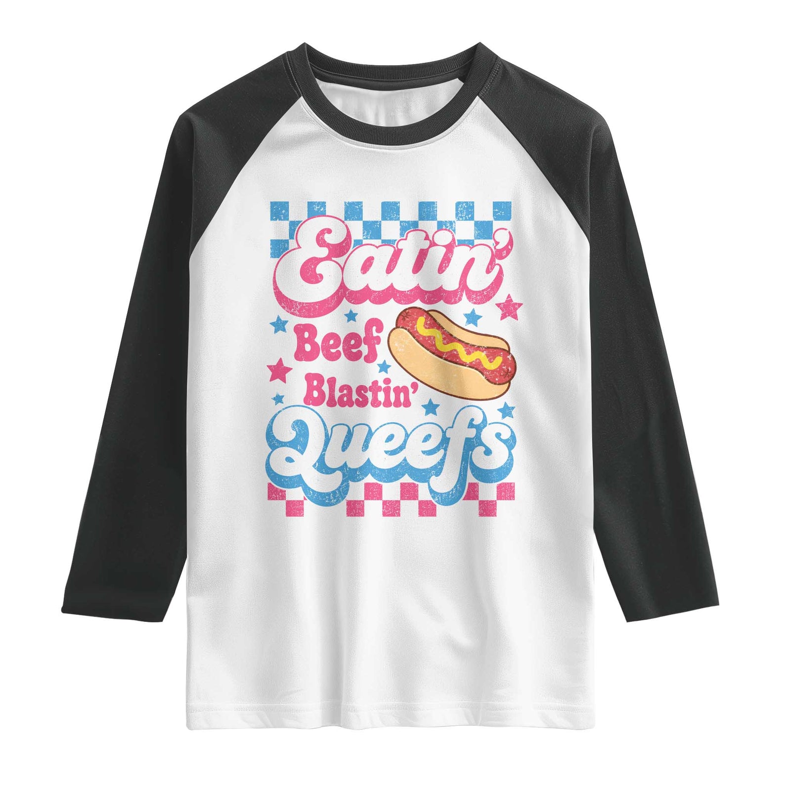 Hotdog Eatin Beef Blastin Queefs Inappropriate Raglan Shirt Retro Groovy Hotdog Meme Funny Cringe Offensive Humor TS10 White Black Print Your Wear