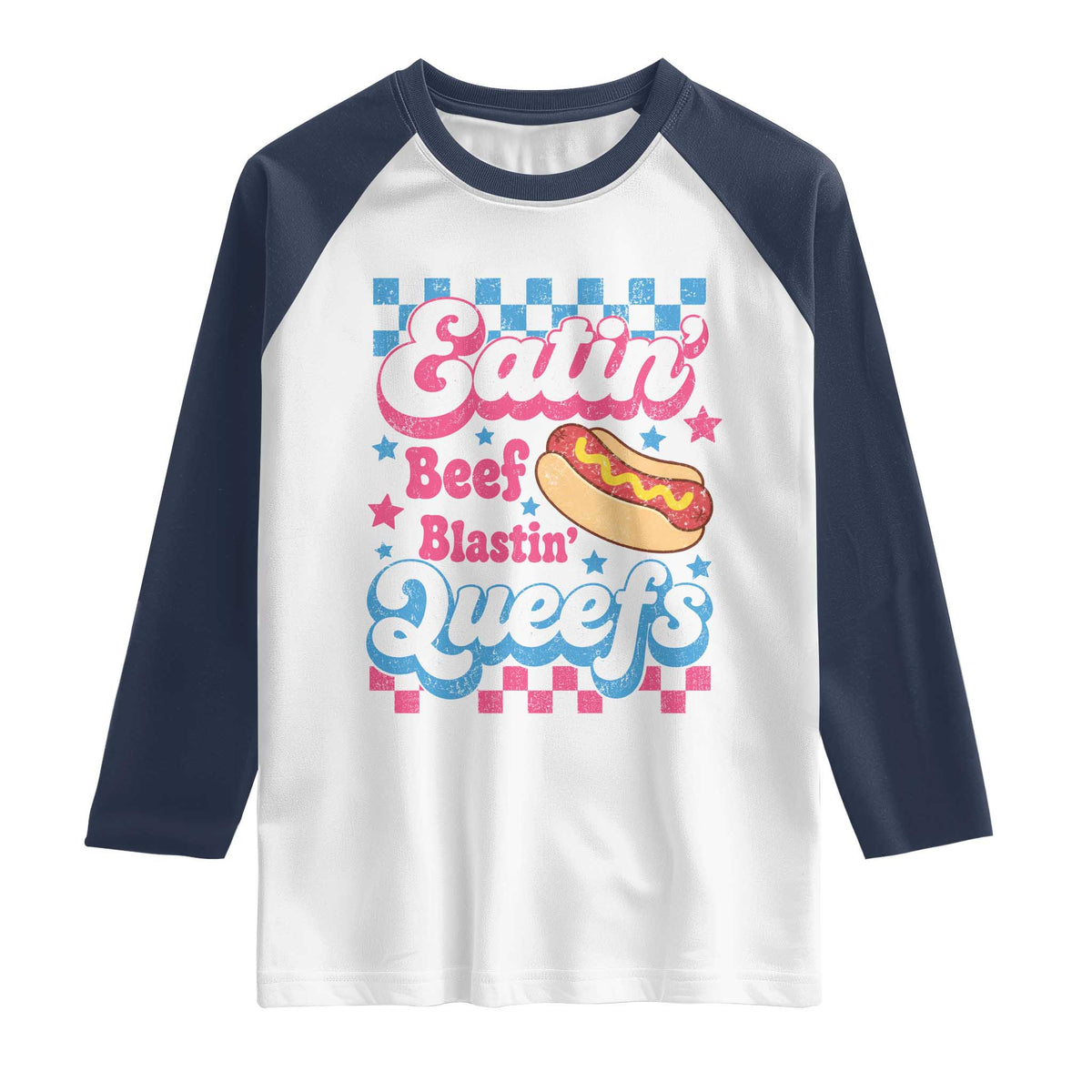 Hotdog Eatin Beef Blastin Queefs Inappropriate Raglan Shirt Retro Groovy Hotdog Meme Funny Cringe Offensive Humor
