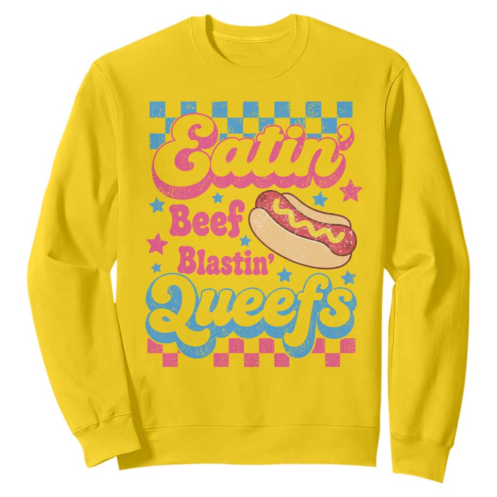 Hotdog Eatin Beef Blastin Queefs Inappropriate Sweatshirt Retro Groovy Hotdog Meme Funny Cringe Offensive Humor