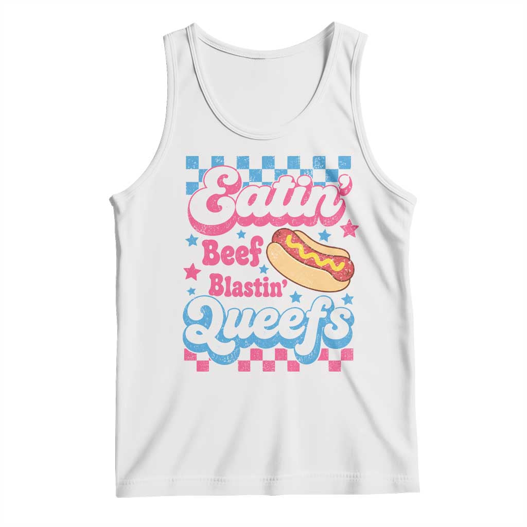 Hotdog Eatin Beef Blastin Queefs Inappropriate Tank Top Retro Groovy Hotdog Meme Funny Cringe Offensive Humor TS10 White Print Your Wear