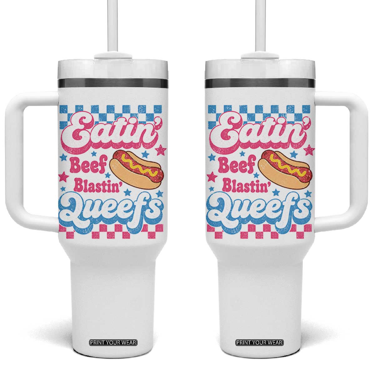 Hotdog Eatin Beef Blastin Queefs Inappropriate Tumbler With Handle Retro Groovy Hotdog Meme Funny Cringe Offensive Humor