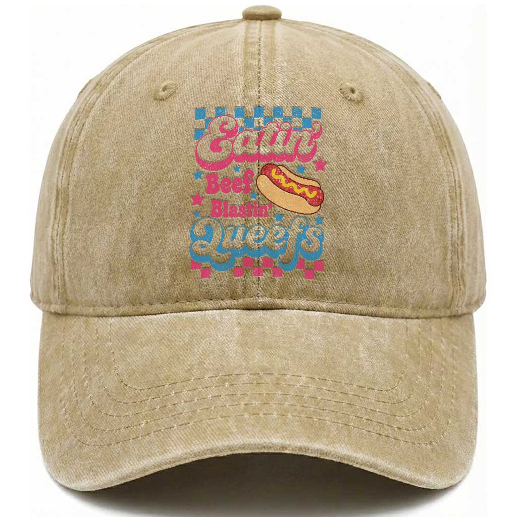 Hotdog Eatin Beef Blastin Queefs Inappropriate Washed Cotton Baseball Cap Retro Groovy Hotdog Meme Funny Cringe Offensive Humor TS10 Print Your Wear